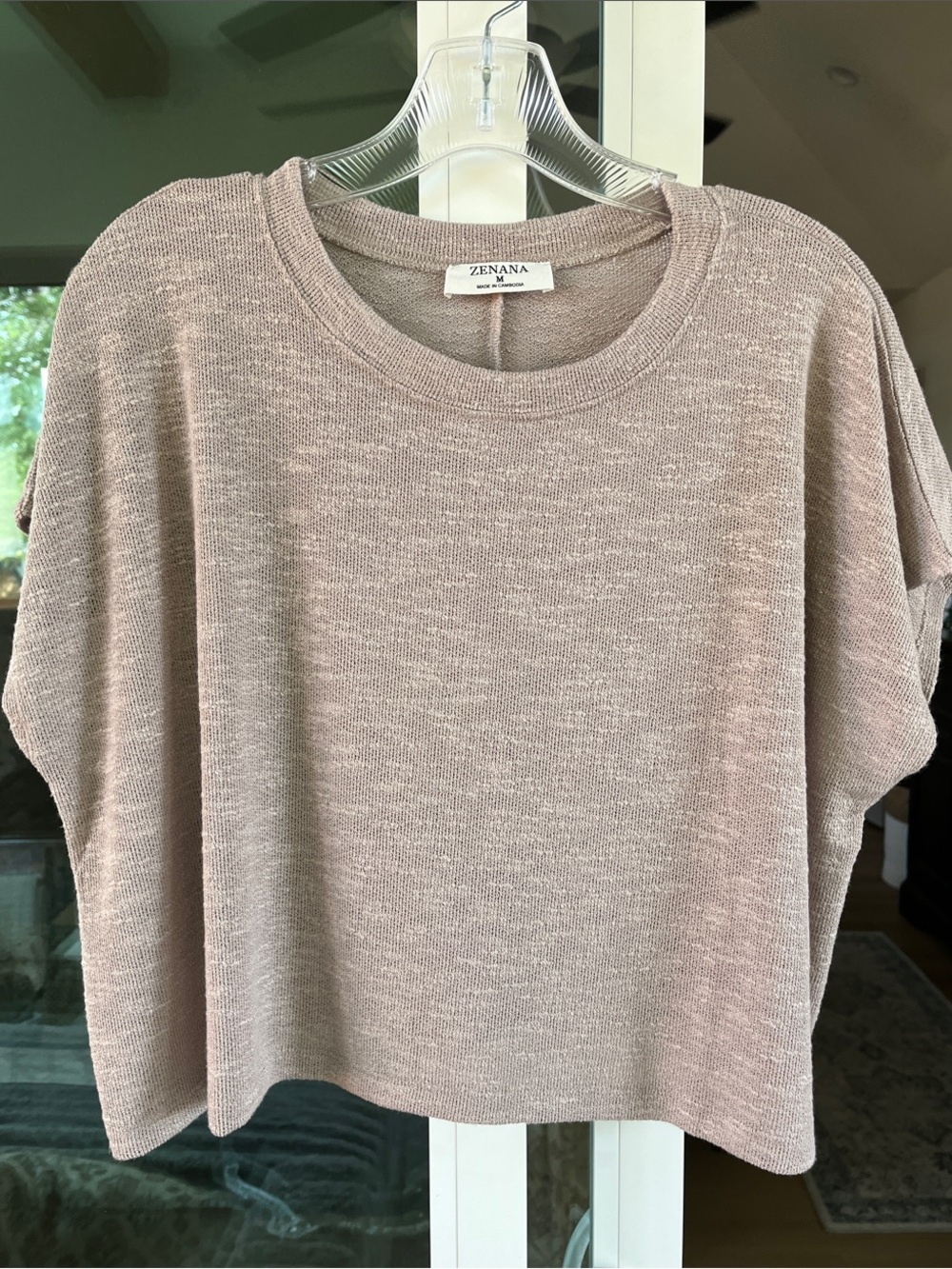 Zenana Outfitters Top Medium Taupe Relaxed Knit Cropped Boxy Fit Round Neck